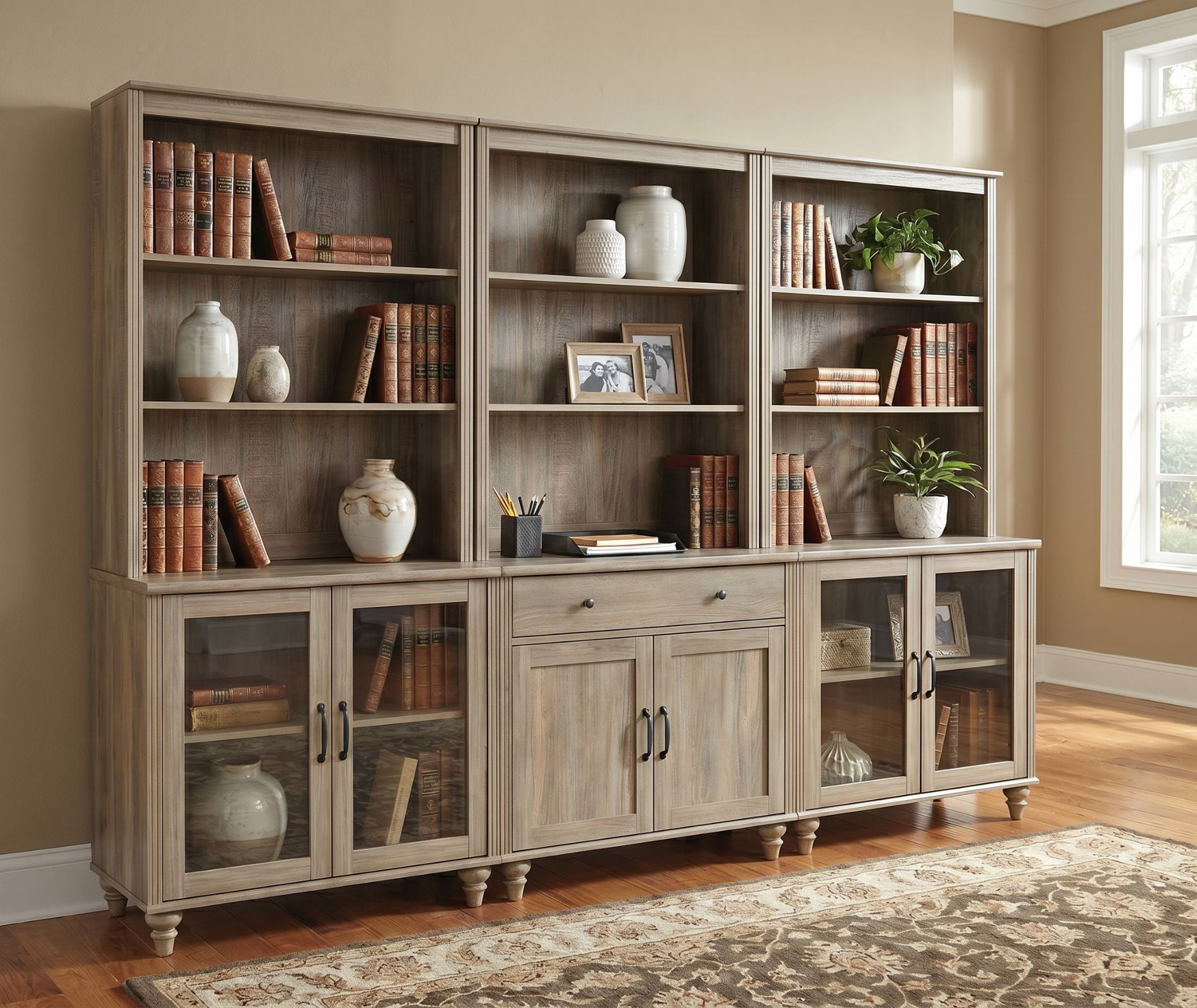 Farmhouse 5 Tier Bookcase With Doors & Drawer, Wash Gray, 101.6" W