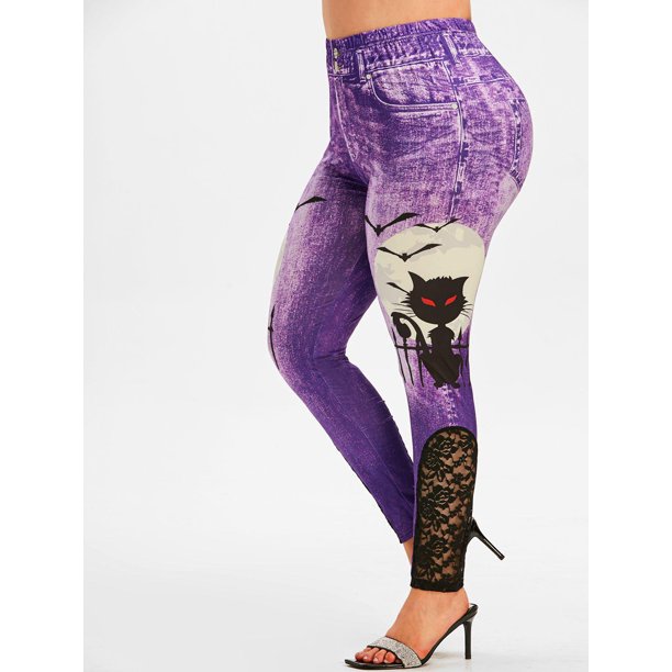 Más el tamaño del panel de Halloween del cordón de la impresión 3D Jeggings Rosegal Leggings de talla grande