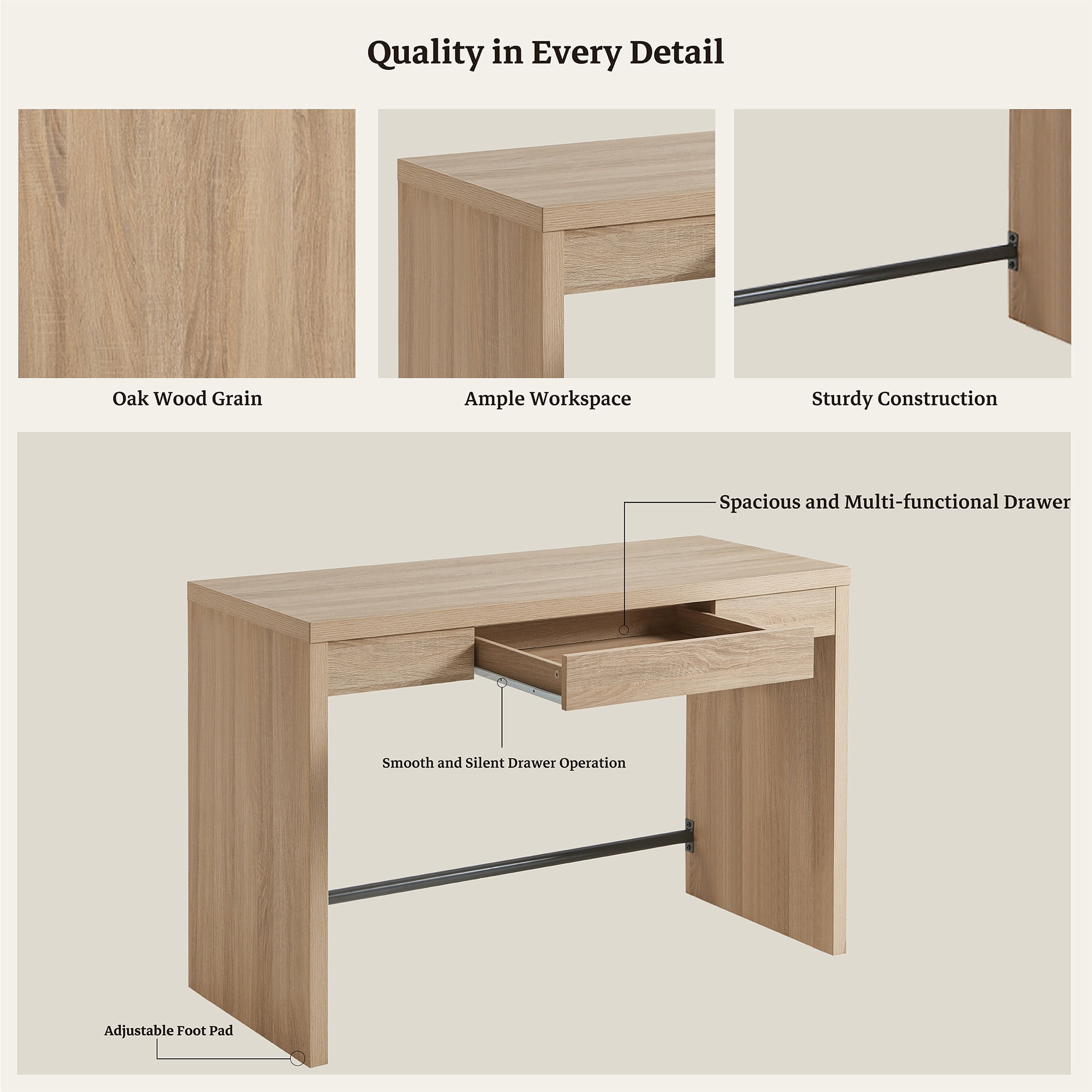 SICOTAS 47.4 inch Computer Desk with Drawer, Wood Writing Desk, Small Study Table for Home Office in Light Oak