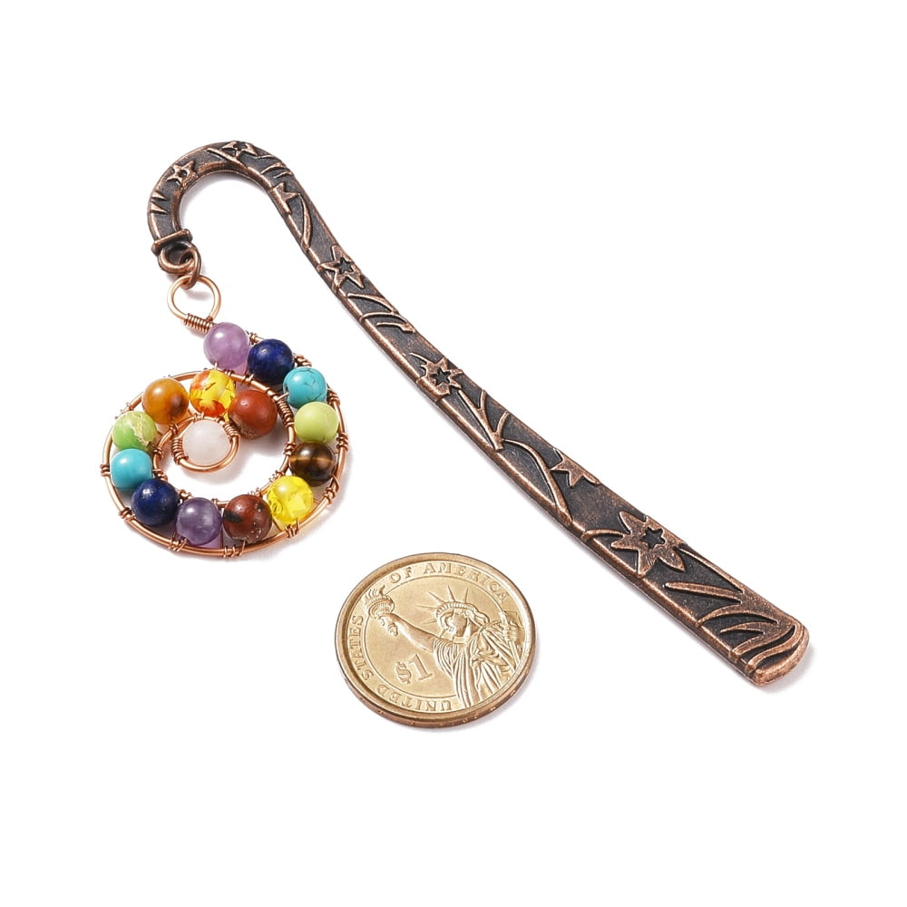 10pc Chakra Theme Gemstone Beaded Bookmarks with Tibetan Style Alloy Stick for Student Office Birthday Present Red Copper 120x24x4mm