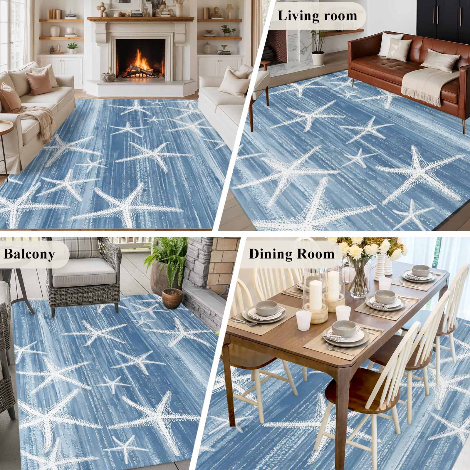 Rectangle Area Rugs 5 x 7 Ft, Blue Coastal Non-Slip Residential Carpet, Summer Ocean Waves Ombre Sea Starfish Indoor Crawling Mats Runner Rugs for Living Room/Dining Room/Bedroom