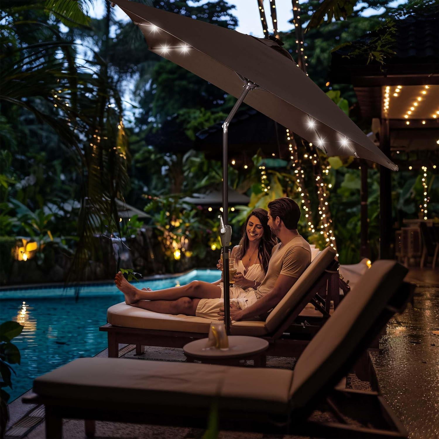 10x6.5 ft Outdoor Rectangle Solar Powered LED Patio Umbrella with Crank Tilt for Garden Backyard Table Market Pool, Brown