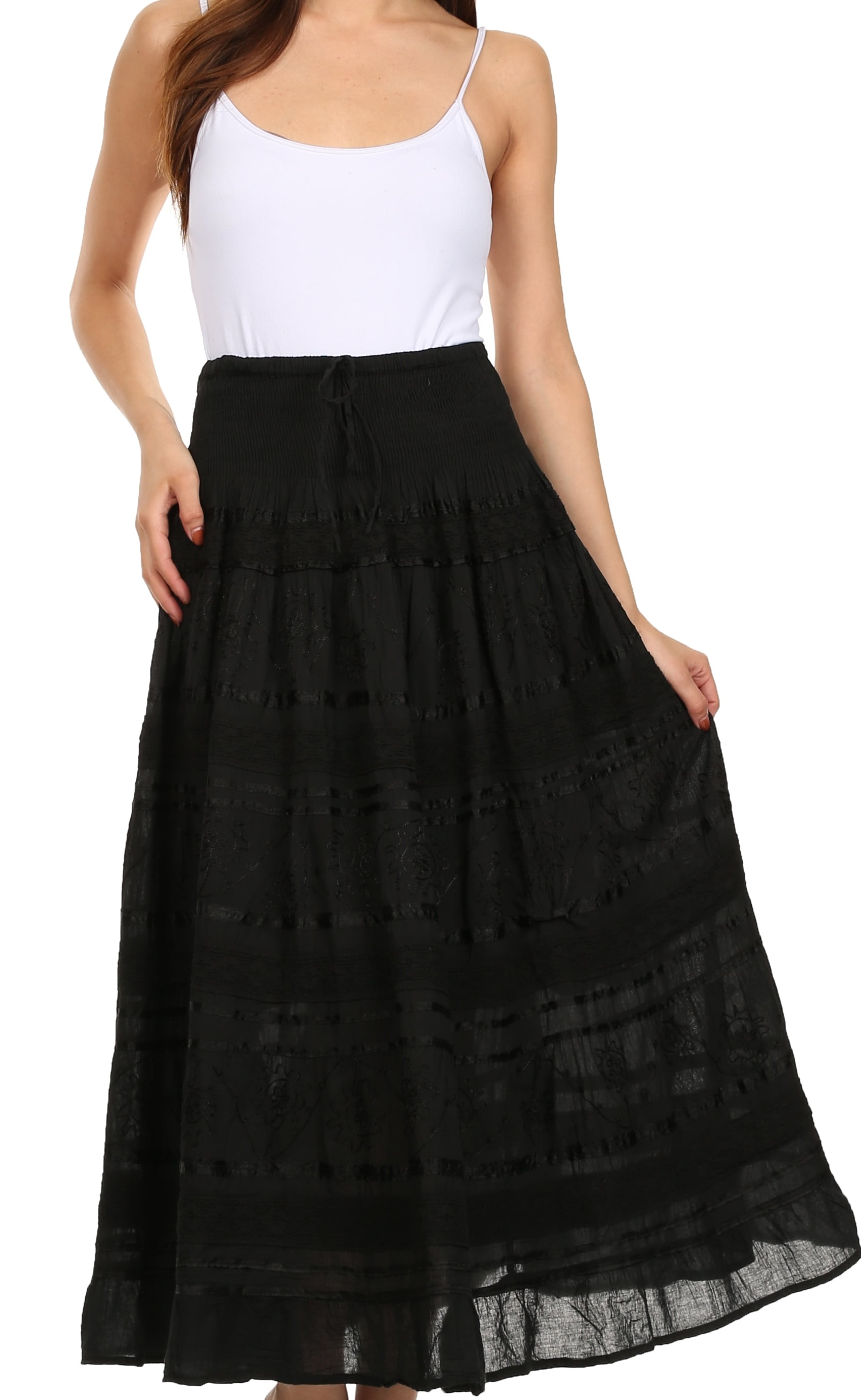 Bohemian Embroidered Lace 3-Tier Gauze Cotton Long Maxi Skirt 