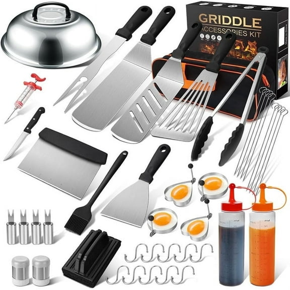 Griddle Accessories Kit, 43 Pcs Flat Top Grill Accessories Kit for Blackstone and Camp, Stainless Steel BBQ Tool Set with Spatula, Basting Cover, Scraper, Bottle, Tongs, Egg Rings & Carry Bag