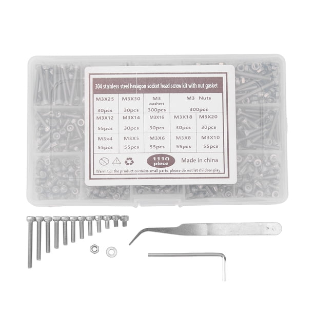 Kit surtido de tornillos M3, juego combinado de tornillos con cabeza hexagonal de acero inoxidable 304, tuercas y arandelas