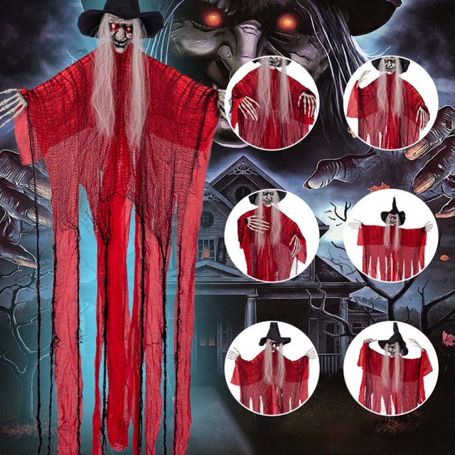 Bruja de Halloween, fantasma colgante, control por voz, gran bruja vestida de rojo, fantasma colgante, decoración de bar de terror, accesorio de broma de terror