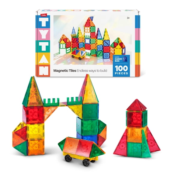 TYTAN Magnetic Tiles 100-Piece Building Set by ZURU – Colourful STEM Construction Toy with Assorted Shapes, for Kids Ages 3