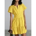 thumbnail image 4 of FOCUSNORM Robe Mini Femme Slim Pointelle Col en V Manches Courtes Taille Smockée Robe à Volants pour Plage Fête Club, 4 of 9