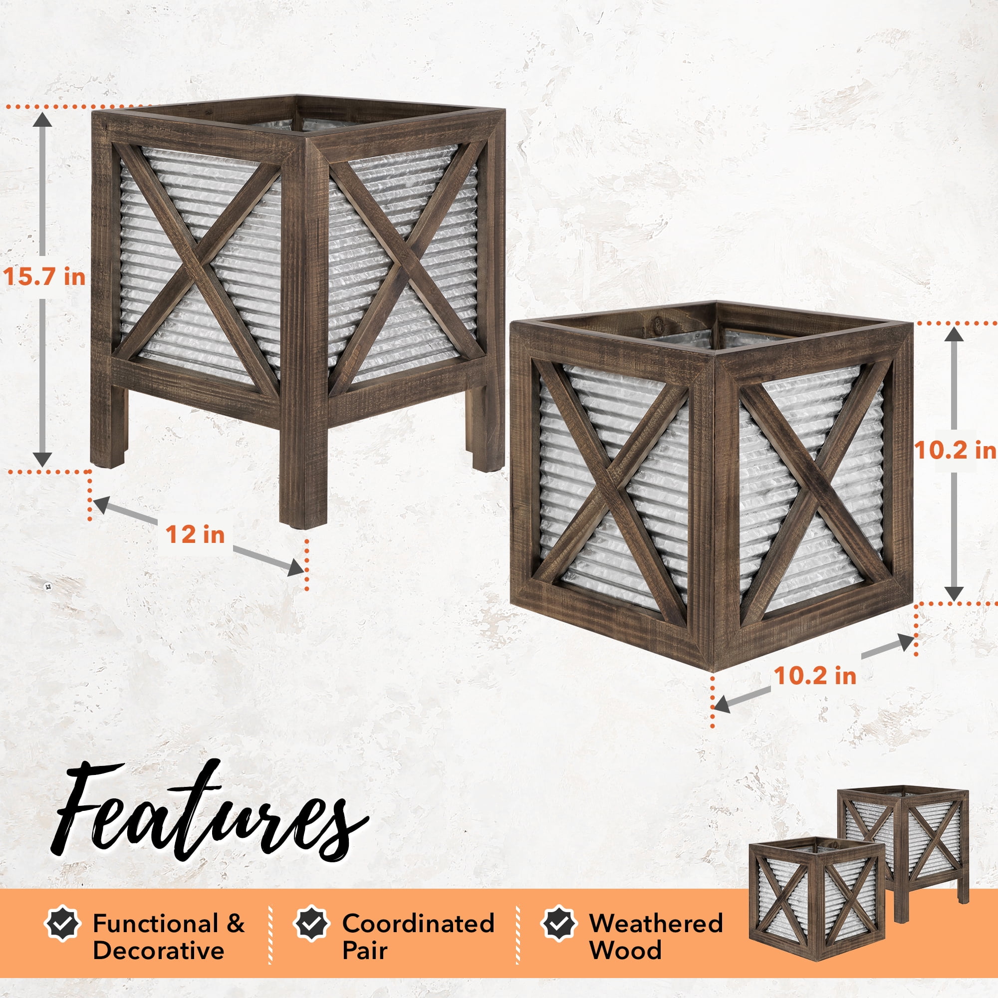 Autumn Alley Indoor Rustic Farmhouse Planter Set, 2 Pc. Wood & Galvanized Flower Pots, Home Decor