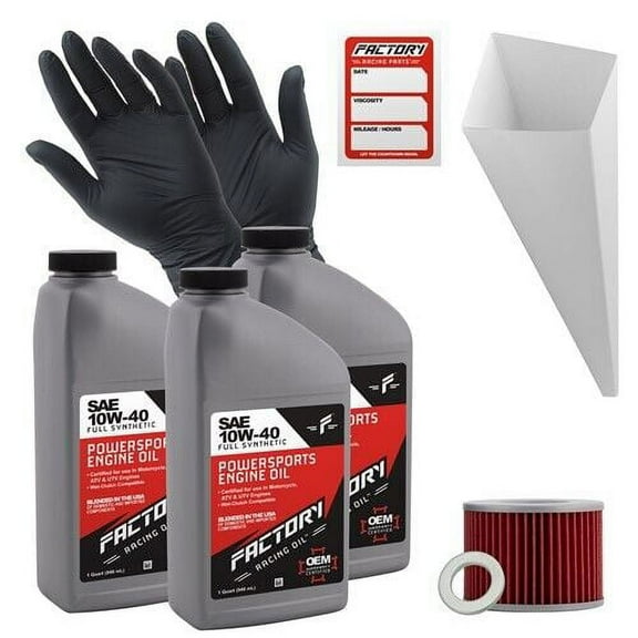 Factory Racing Parts Oil Change Kit compatible with Honda CB350F 1973-1974 – Includes 3 Quarts of 10W-40 Full Synthetic Oil, 1 Filter, 1 Crush Washer, 1 Funnel, 1 Oil Change Sticker