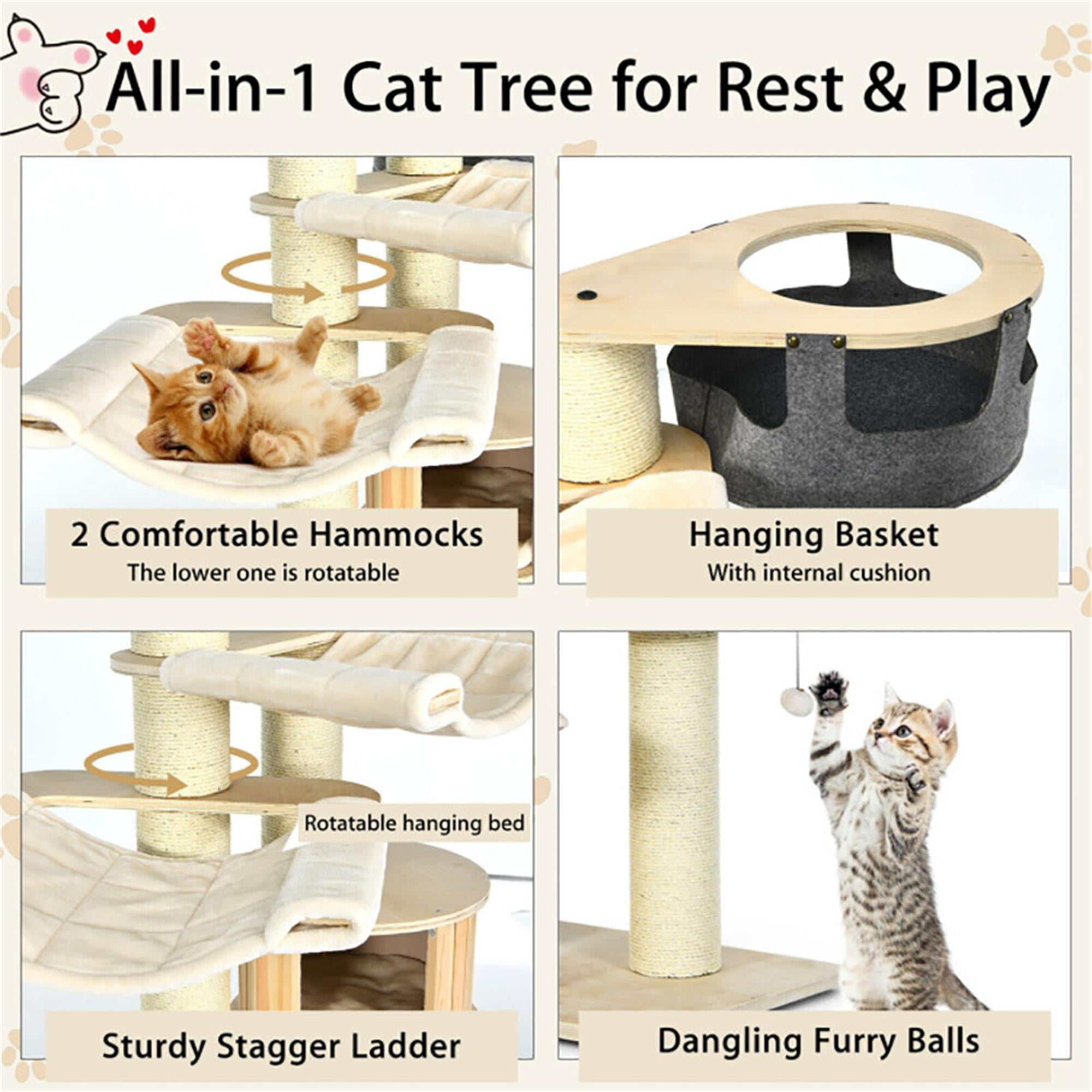 Kadyn 77" Wood Cat Tree Tower for Indoor Cats, Multi-Level Cat Condo with Scratching Posts, Perch, Washable Removable Cushions, Cat Furniture, Beige