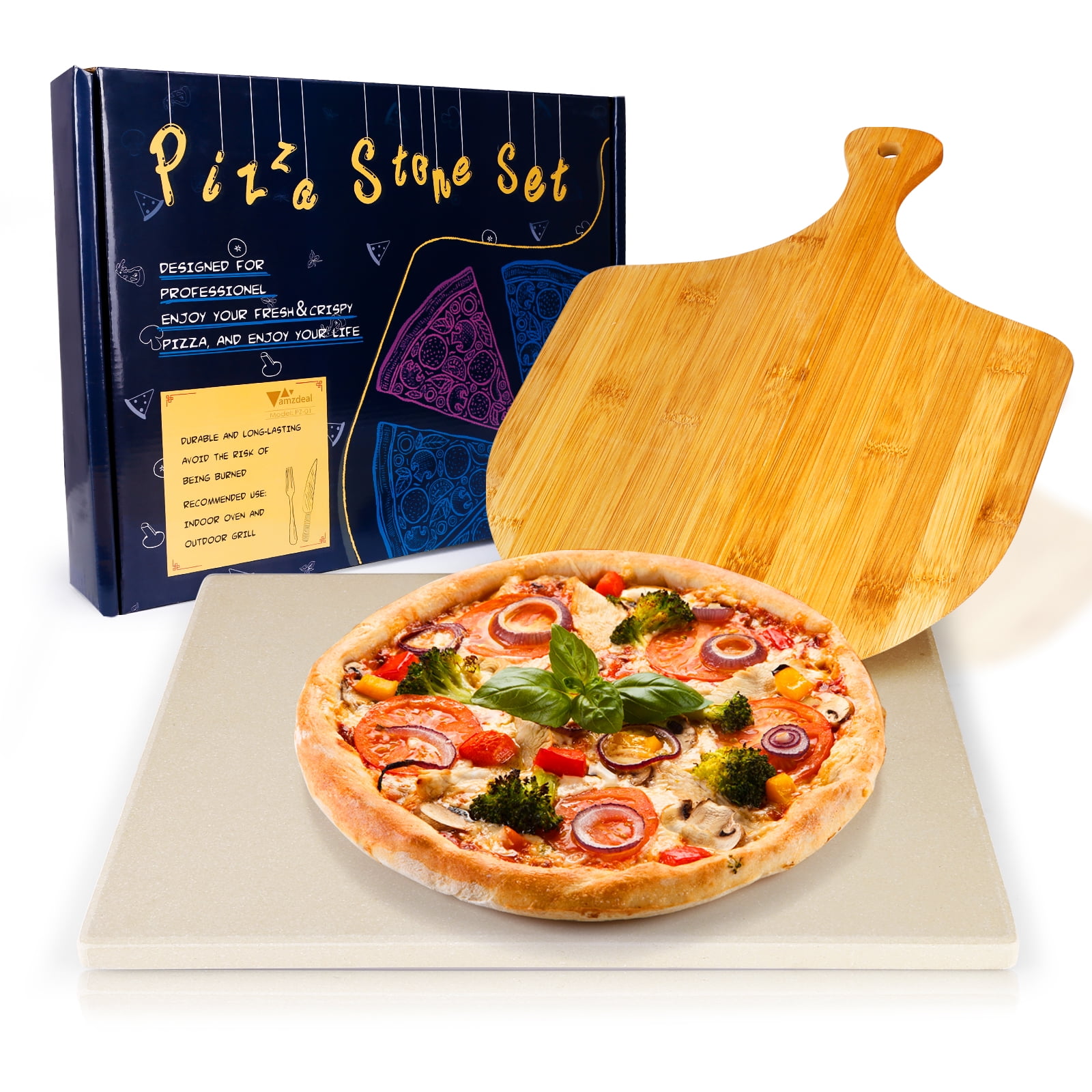Deluxe Pizza Stone Set Cordierite Bread Baking Stone with Pizza Shovel and Recipe Book 