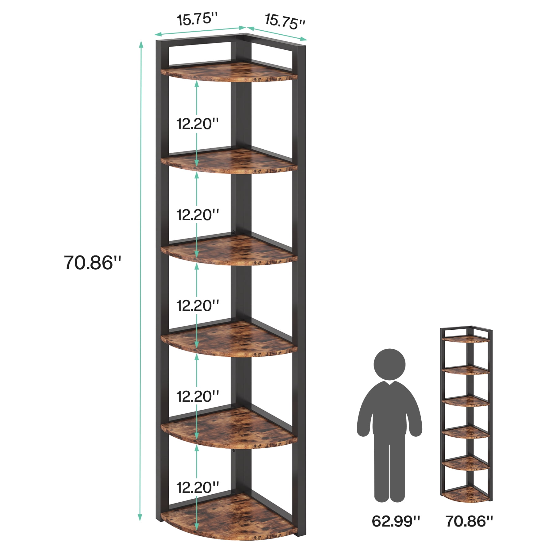 Fnova 70.9" 6-Tier Corner Shelf, Rustic Corner Bookshelf, Compact Storage Rack for Living Room, Home Office, Kitchen