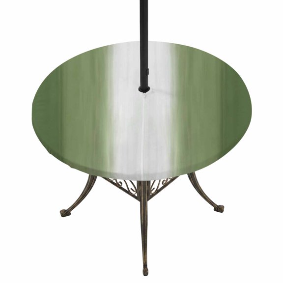 Round Outdoor Tablecloth with Umbrella Hole and Zipper, Dark Green Striped Fitted Table Cover with Elastic Edge for 55-60 Inch, Green White Ombre Farmhouse Gradient Waterproof Patio Tablecoths