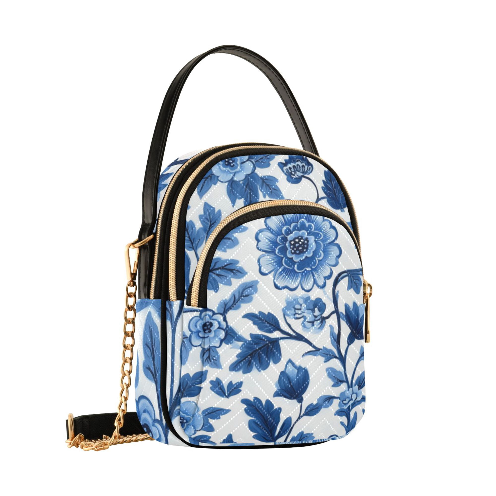 FORMRS Crossbody Bag for Women Quilted Travel Shoulder Cell Phone Purse with Chain Strap Handbag, Blue Floral Pattern
