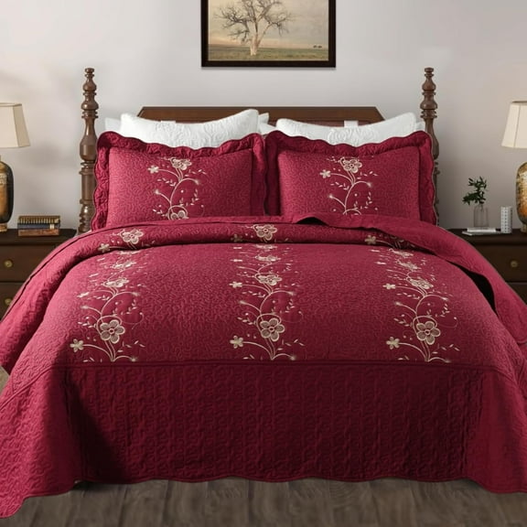 MarCielo 3 Piece Lightweight Bedspread Quilt Set Microfiber Quilt Embroidered Bedspreads Bed Coverlet Set, Lapaz (Burgundy, King)