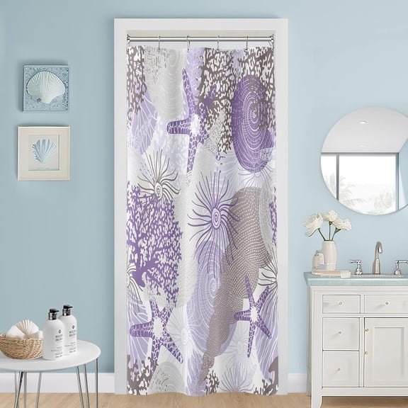 Small Stall Shower Curtain 36 x 72 Inch, Lavender Half Narrow Beach Ocean Themed Shower Curtain, Light Purple Tropical Seashell Starfish Coral Coastal Shower Curtains for Bathroom Decor