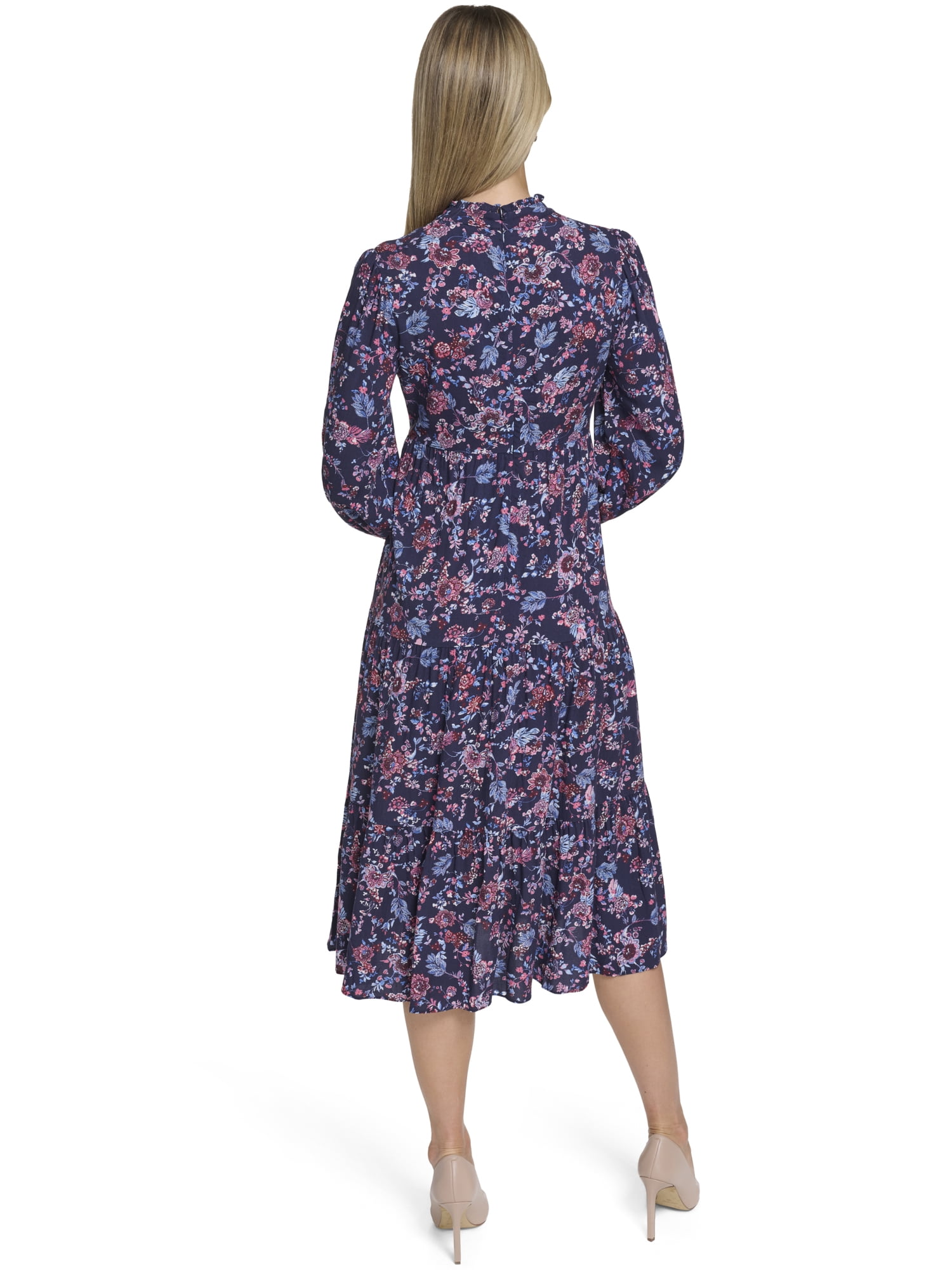 Falling Flowers Women's Notch Ruffle Collar Tiered Midi Dress, Sizes XS-XL