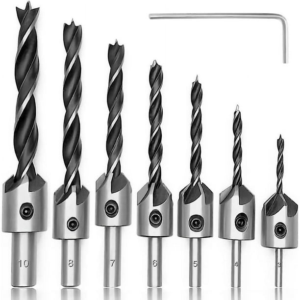 7 piezas de brocas para madera con avellanador, avellanador cónico de acero Hss para madera con llave hexagonal, herramienta para biselar madera, avellanador de carpintería de 5 ranuras Hss
