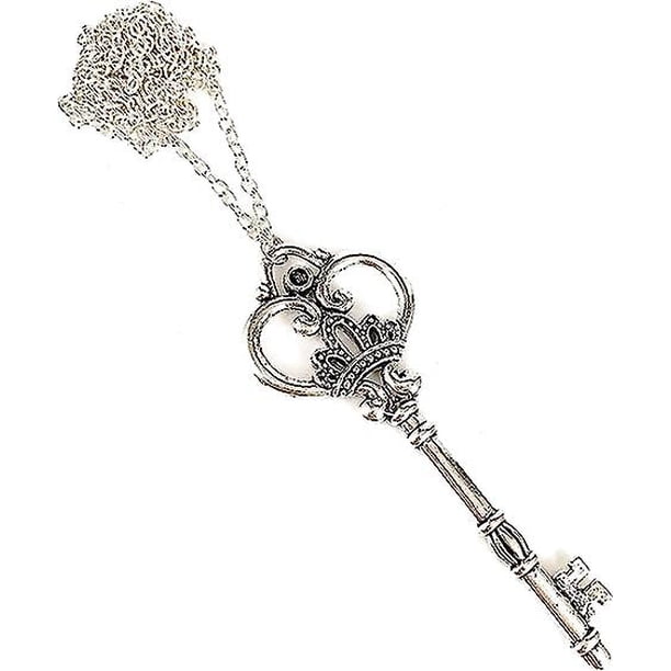 Collar de llave de plata envejecido para mujer 27 collar largo cadena esqueleto llave colgante cadena de plata