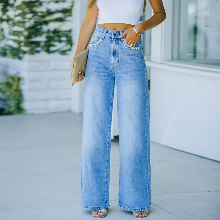 Wide Leg Jeans for Women High Waisted Boyfriend Distressed Denim Pants  Floral Decor Washed Long Trousers with Pocket Blue