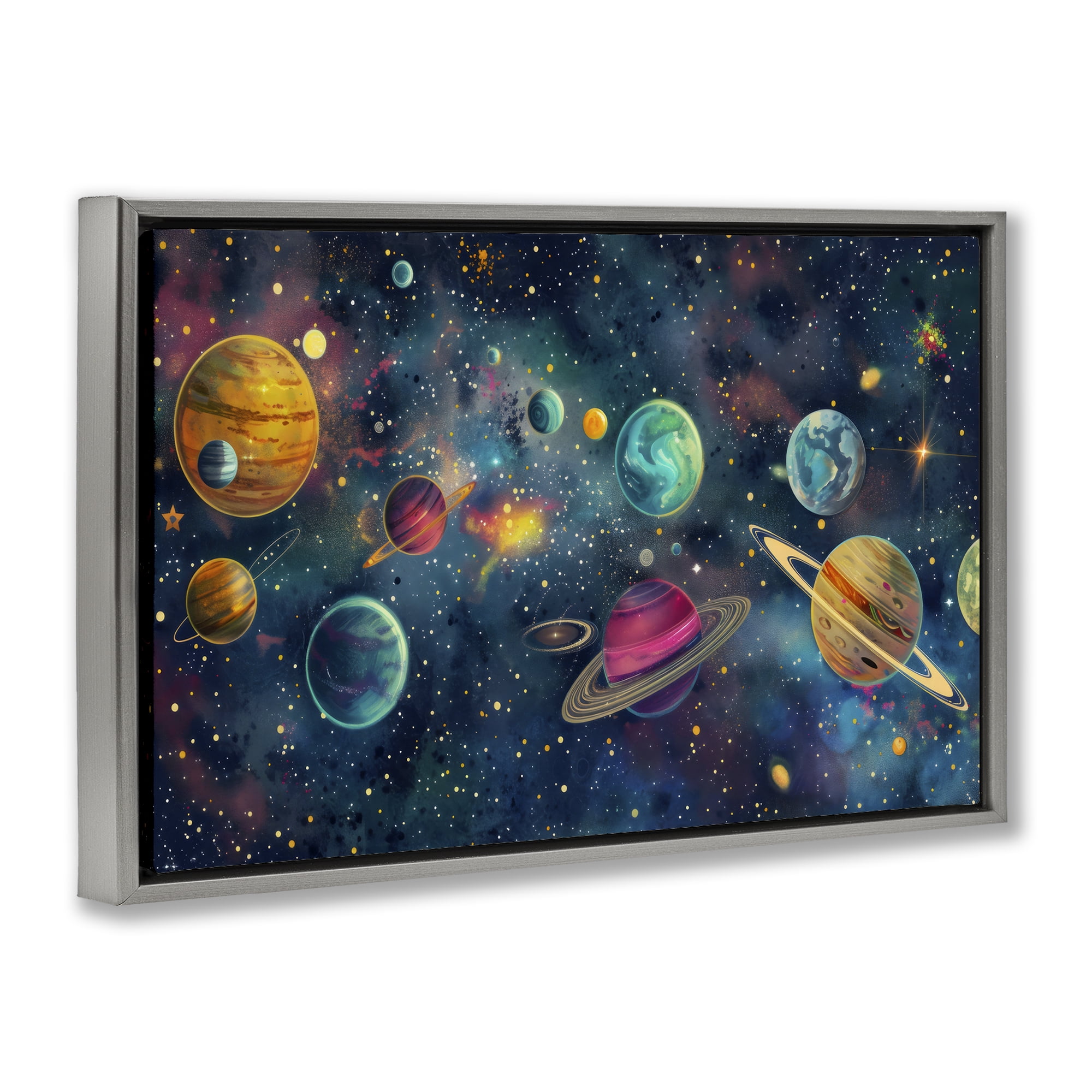 Stupell Industries Celestial Planetary Parade Gray Framed Floater Canvas Wall Art, design by Creative Studio