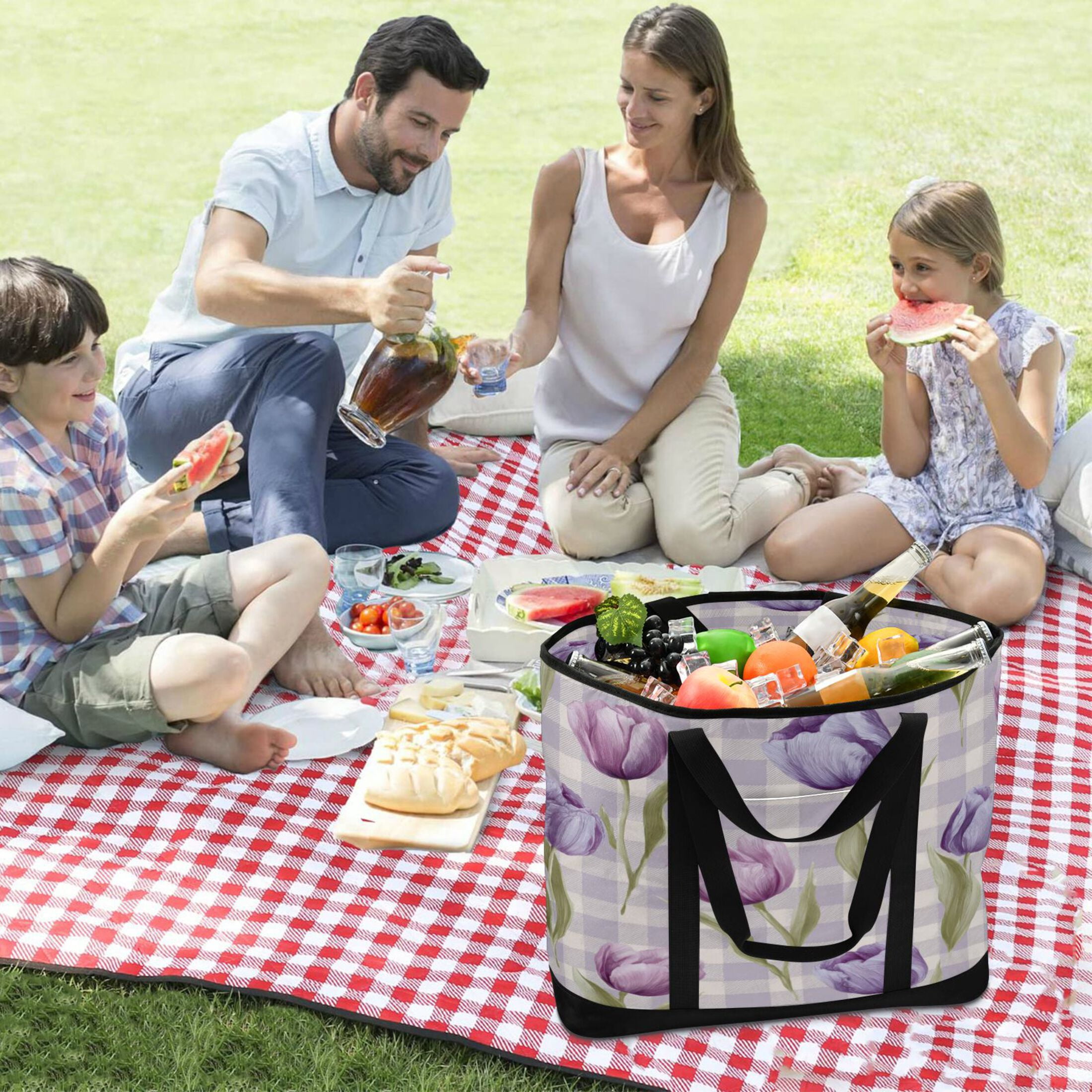 Extra-Large Wide Opening Design Capacity Hand-Held Ice Pack Thickened Insulation Layer For Long-Lasting Cold Retention For Outdoor Shopping Picnics And Camping Beautiful Pinkish-purple Tulips