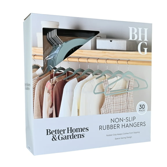 Better Homes & Gardens Rubber Hangers, Non-Slip Hangers for Adults and Teens, Swivel Neck and Slim Design, 30-Pack, Green River