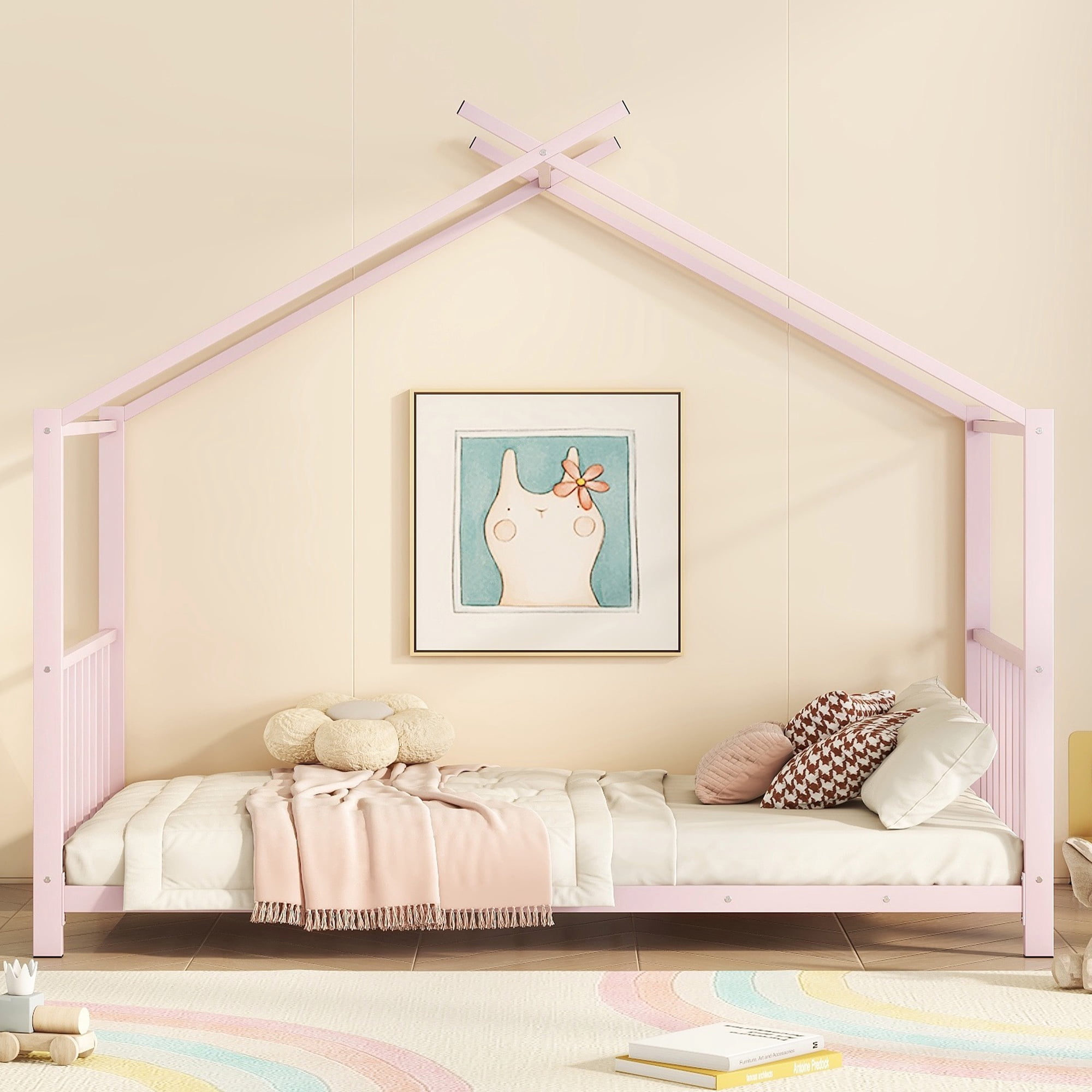 Kumix Twin Size House Floor Bed, Metal Floor Bed with Fence and Roof, House Bed for Teens, Playhouse Twin Bed Frame for Girls, Boys, Pink(Without Slats)