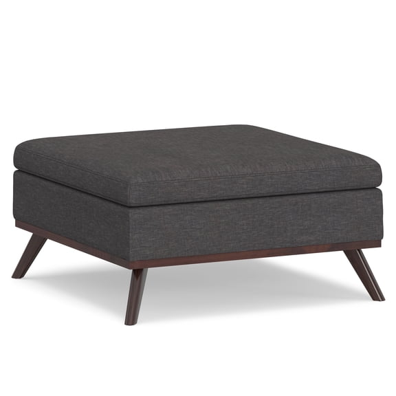Simpli Home Owen 36" W Square Coffee Table Storage Ottoman in Slate Gray Linen Look Fabric