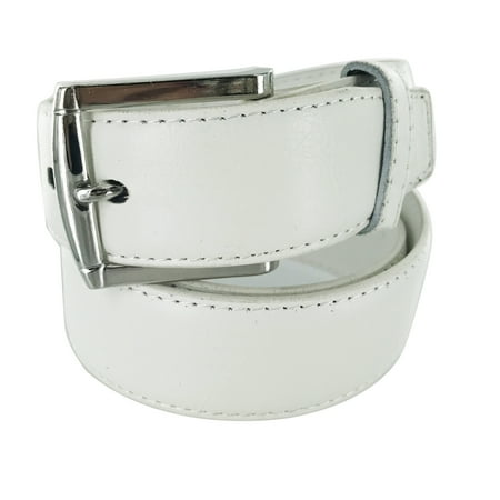 - Faddism Men's Genuine Leather White Belt Squared Silver Buckle