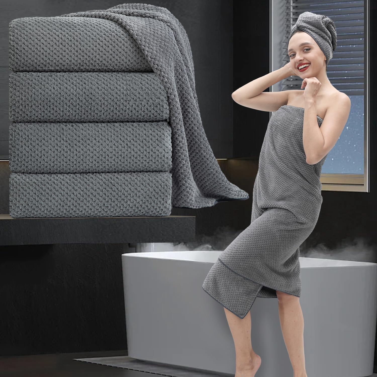 Extra Large Bath Towel Set of 4 (35.43"x70.87"),Oversized Bath Sheet Super Soft Highly Absorbent Jumbo Bathroom Towel Set Microfibers Quick Dry Shower Towel for Hotel,Bathroom,Guest,Spa,Gym ( Gray)