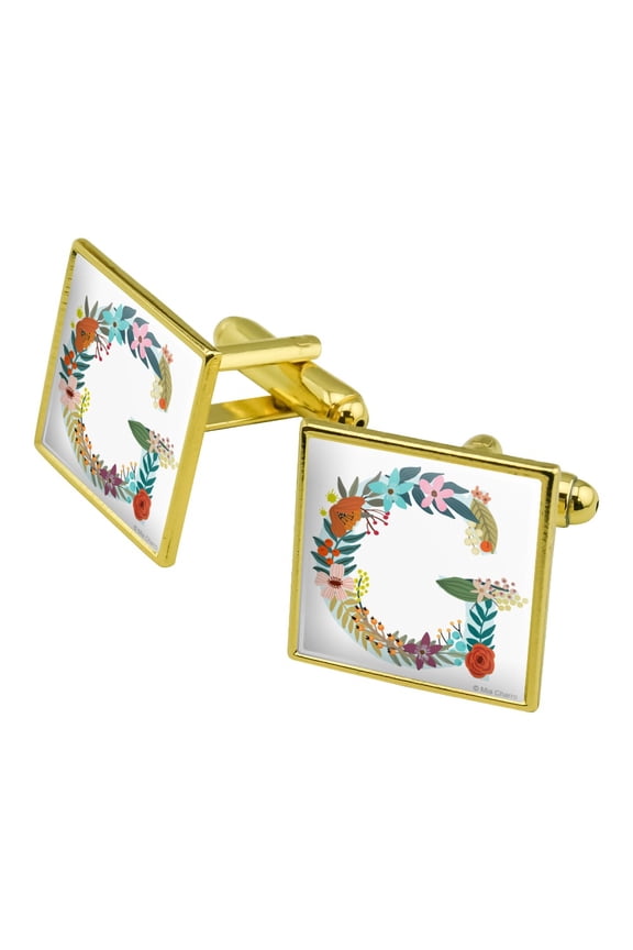 Letter G Floral Monogram Initial Square Cufflink Set - Silver or Gold