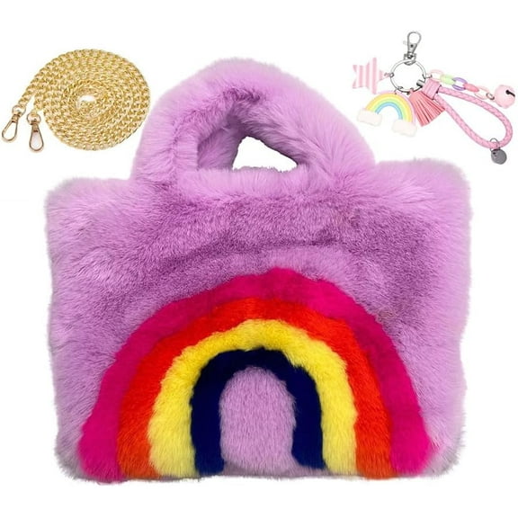 Cute Plush Rainbow Shoulder Handbag Ladies Fluffy Tote Bag with Chain Winter Rainbow Fuzzy Crossbody Bag Large Capacity