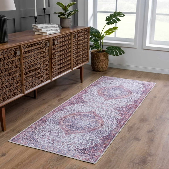 Hauteloom Georgia Cael Machine Washable Runner Rug - Oriental Floral Faded Style - Living Room Vintage Distressed Long Carpet - Pet Friendly - Purple, Orange, Off White - 2'7" x 10'