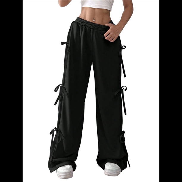 Pantalones Deportivos Holgados para Mujer, con Cintura Elástica, Informales, de Pierna y Bolsillos, Estilo Y2K Negro S