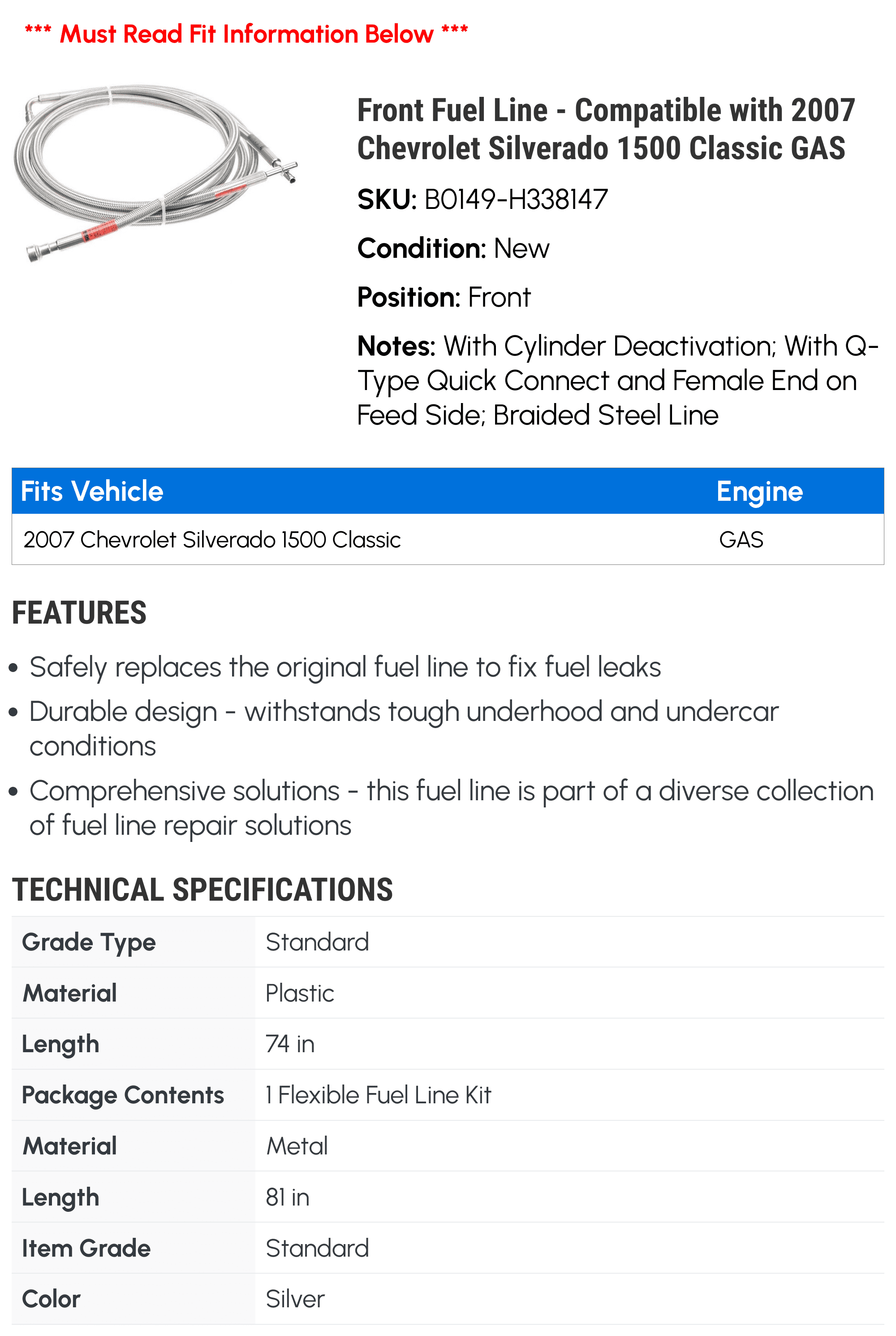 Front Fuel Line - Compatible with 2007 Chevy Silverado 1500 Classic GAS