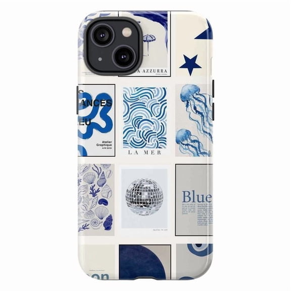 Blue Aesthetic Collage iPhone Case, Ocean Jellyfish & Abstract Art Design Protective Cover, Scrapbook Style Phone Case for iPhone 16 15 14 13 12 11 Pro Max Plus Mini