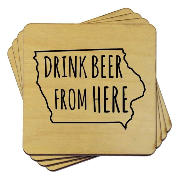 Torched Wood Drink Beer Coaster (Set of 4) Iowa Map 4"x4" Gray