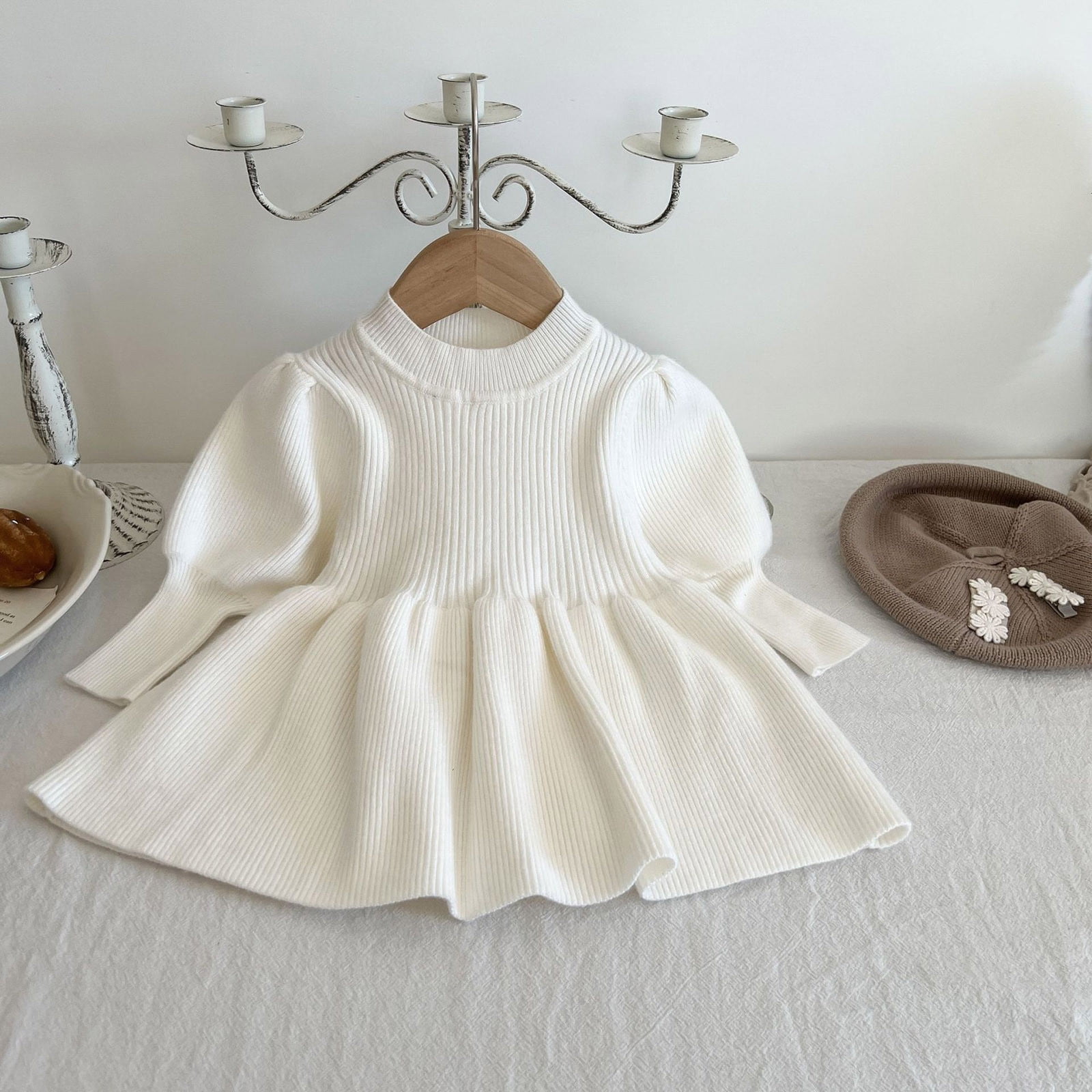 Sweater Dress,Toddler Girl Knit Sweater Dress Kids Long Sleeve Casual Birthday Party Dresses,Fall Sweater Dress,6-12 Months,Z01 White
