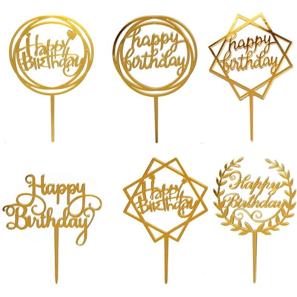 Misscrafts 6 Pack Happy Birthday Cake Topper Gold Birthday Sign Acrylic Cupcake Toppers for Cake Decoration