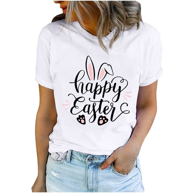 Bowake Easter T-Shirts pour Femmes Manches Courtes Col Rond T-Shirts Easter Joyeux T-Shirts Graphiques Mignons Hauts d'Été Décontractés
