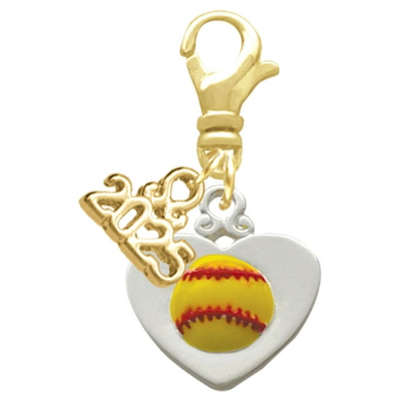 Delight Jewelry Silver-tone Softball in Heart - Gold-tone Clip on Charm with Mini Year 2025