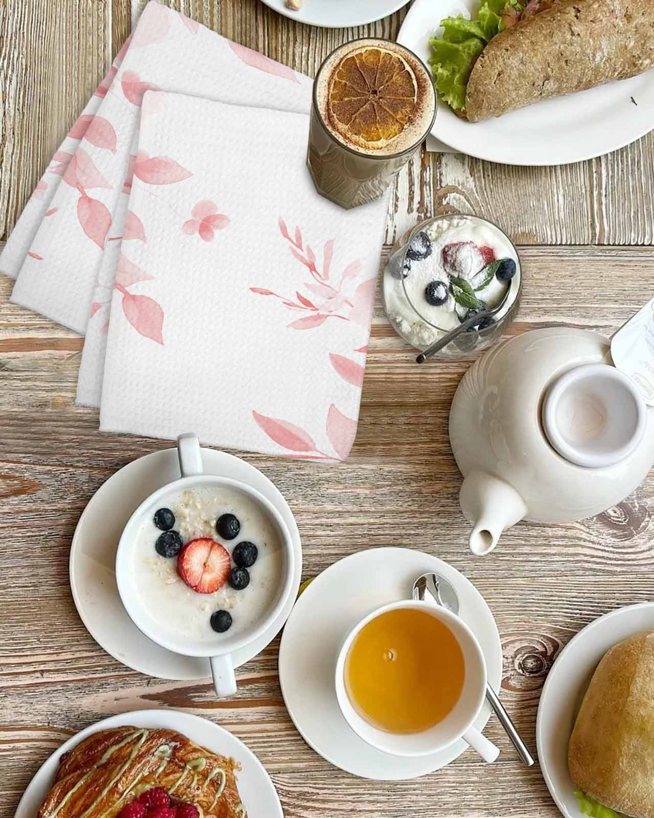 Pink Floral Art Kitchen Dish Towels for Drying Dishes Set of 4, Watercolor Botanical Spring Flowers Waffle Weave Microfiber Terry Hand Tea Bathroom Towels Quick Dry & Absorbent Towel 15.7x23.6