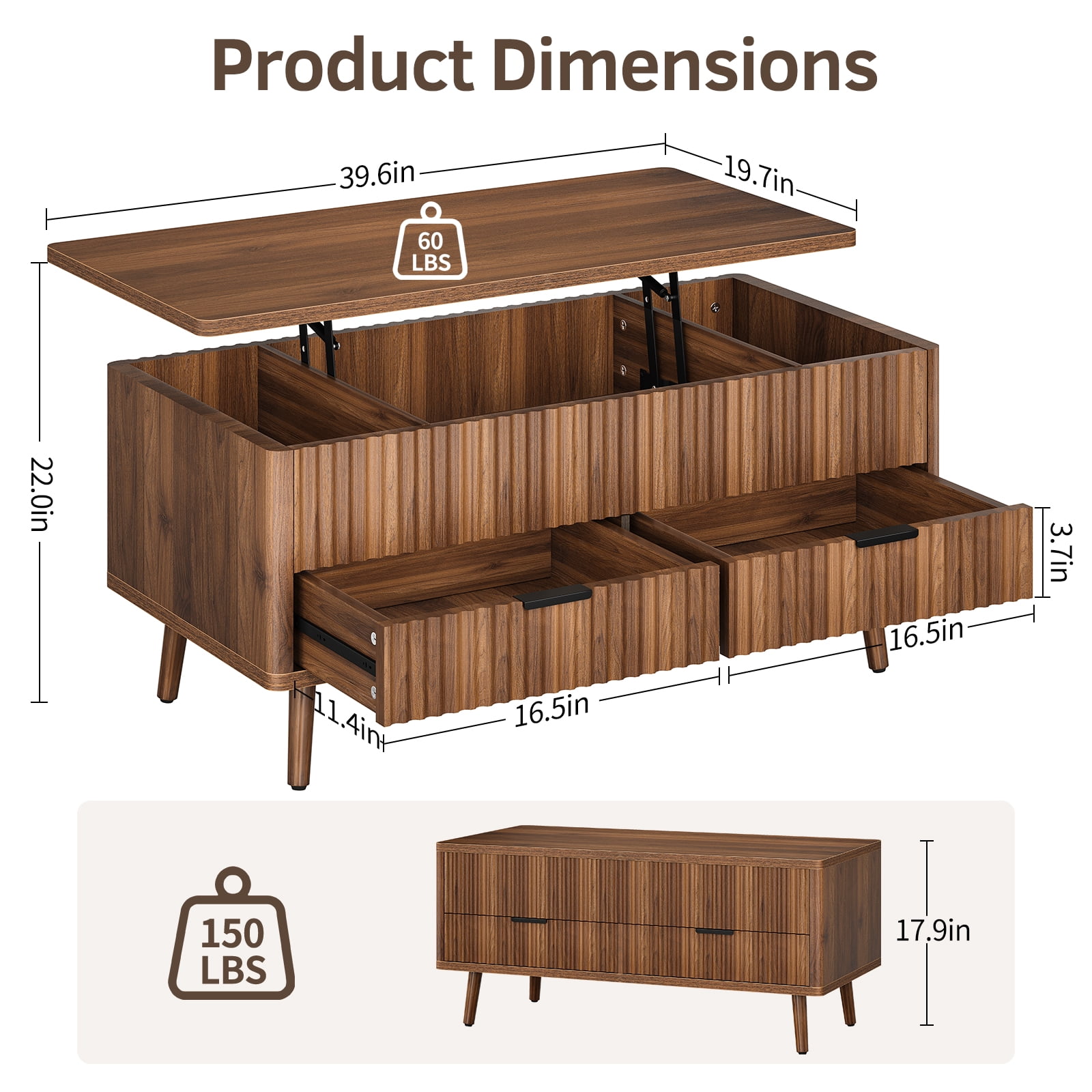 CURLA Lift Top Coffee Table with Storage, Mid Century Modern Coffee Table with Drawers, Center Table for Living Room, Walnut