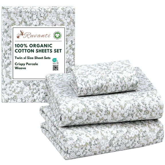 RUVANTI 100% Organic Cotton Sheets - Twin XL Sheet Sets - 3 Piece Percale Weave Bedding, Crisp, Cooling & Breathable, Soft & Durable, 16" Deep Pocket, Hotel Quality Sábanas - Floral Rush