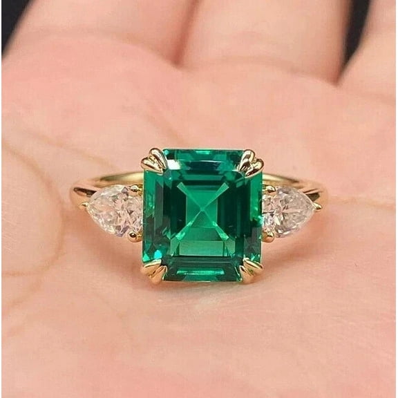 Hitanshu Jewels Green Cubic Zirconia Asscher Cut Women's 3-Stone Band Ring 14k Yellow Gold Plated