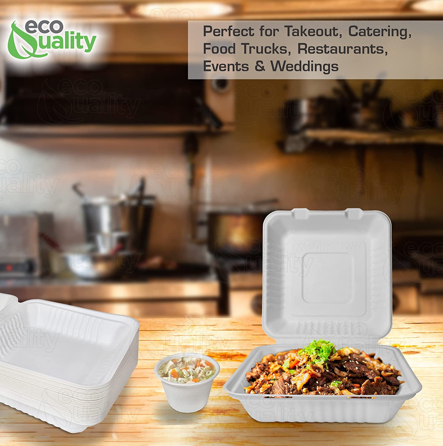 Compostable 2 Compartment Square Hinged Clamshell Take Out Food Containers 9x6x3 - Heavy Duty Quality Disposable to Go Containers, Eco-Friendly 