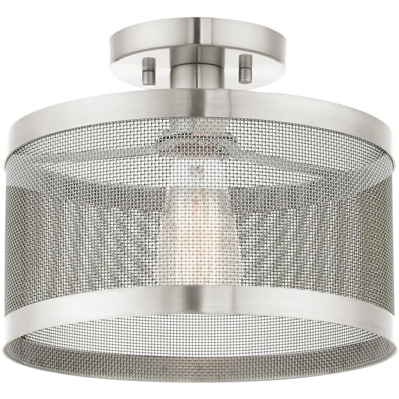 1 Light Brushed Nickel Semi Flush mount ceiling light fixture with Brushed Nickel Stainless Mesh