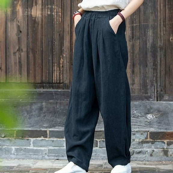 up to 60% off Gifts Usmixi Plus Size Trousers for Women Vintage Cotton Linen Solid Breathable Summer Long Pants Elastic Waist Loose Straight Pocket Pants Black XXXL